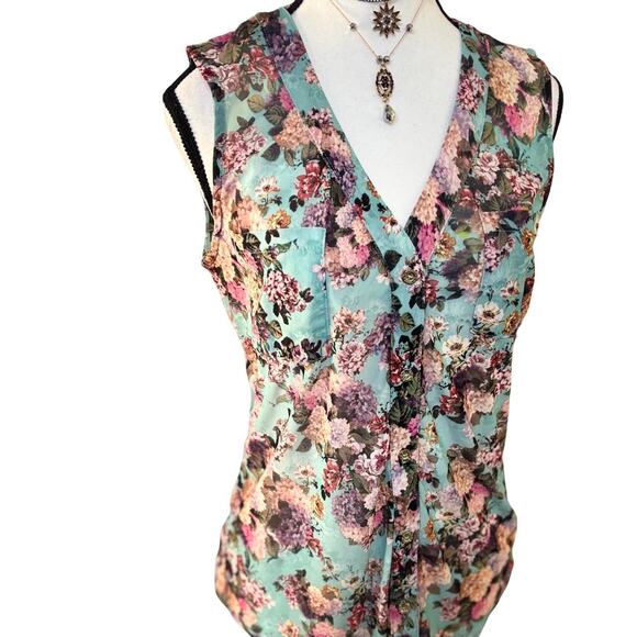 Y2K VTG. ‎ BCBGMAXAZRIA blue floral sheer button-up top with ruffle detail  M - Picture 2 of 8